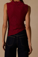 Kye Berry Red Crochet Lace Asymmetrical Tank Top