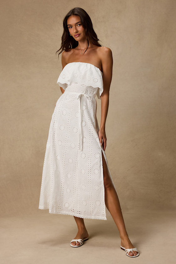 Jessamine Ivory Eyelet Embroidered Strapless Midi Dress