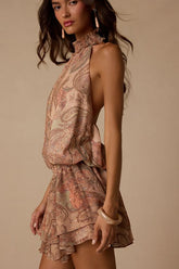 Jasmina Tan Multi Paisley Drop Waist Mini Dress
