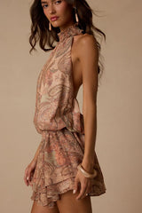 Jasmina Tan Multi Paisley Drop Waist Mini Dress