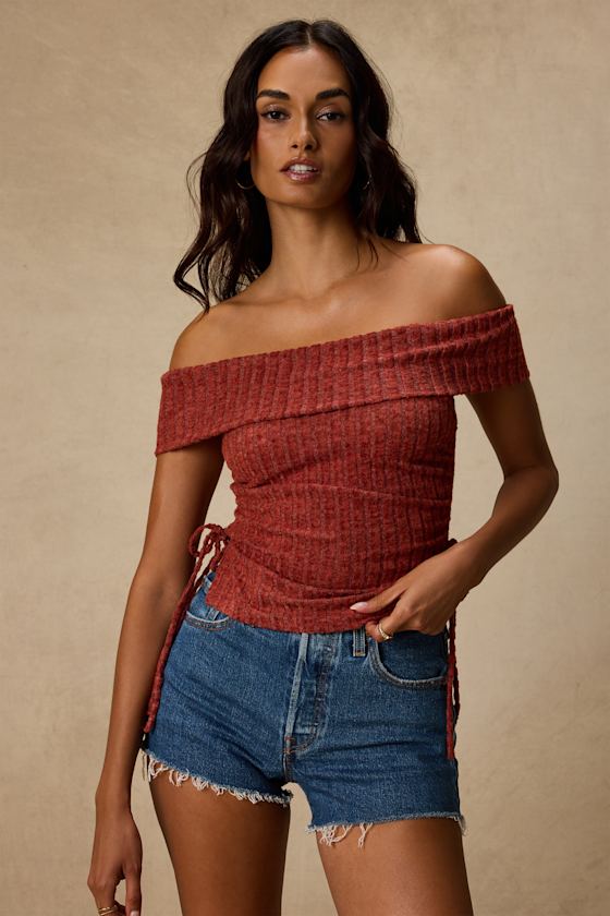 Saphira Rust Red Ribbed Knit Off-the-Shoulder Top