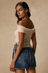 Saphira Cream Ribbed Knit Off-the-Shoulder Top