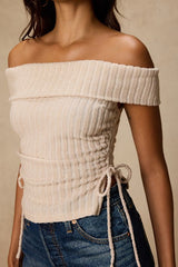 Saphira Cream Ribbed Knit Off-the-Shoulder Top