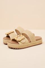 Babette Beige Raffia Buckle Platform Slide Sandals