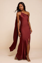 Amisha Rust Red Satin One-Shoulder Sash Maxi Dress