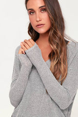 Bevin Heather Grey Knit Long Sleeve V-Neck Sweater Top