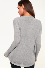 Bevin Heather Grey Knit Long Sleeve V-Neck Sweater Top