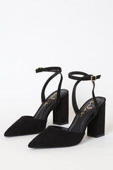 Viki Black Suede Pointed-Toe Ankle Strap Pumps