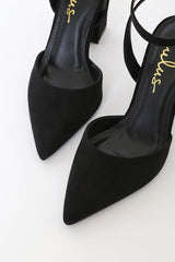 Viki Black Suede Pointed-Toe Ankle Strap Pumps
