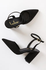 Viki Black Suede Pointed-Toe Ankle Strap Pumps