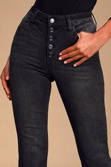 Trina Washed Black Button-Fly Flare Jeans