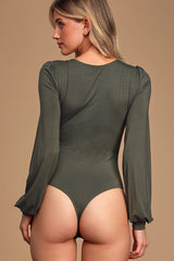 Kaylene Olive Green V-Neck Balloon Sleeve Bodysuit