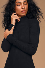 Snug As Can Be Black Ribbed Mock Neck Sweater Dress