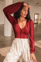 Kaylene Burgundy V-Neck Balloon Sleeve Bodysuit