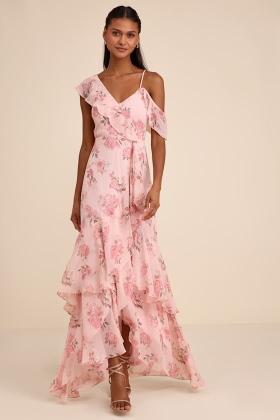 Velma Blush Floral Ruffled Asymmetrical Maxi Dress