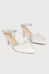 Lelanee White Satin Rhinestone Bow Ankle Strap Pumps