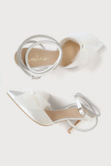 Lelanee White Satin Rhinestone Bow Ankle Strap Pumps