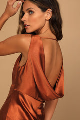Incredible Love Brown Satin Cowl Back Midi Slip Dress