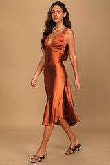 Incredible Love Brown Satin Cowl Back Midi Slip Dress