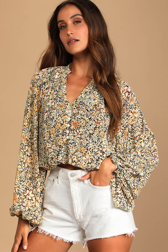 Season of Blooms Cream Multi Floral Print Balloon Sleeve Top