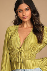 Staying Optimistic Chartreuse Pleated Bell Sleeve Top