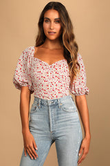 Beautiful Hues Ivory Floral Print Puff Sleeve Ruched Bodysuit