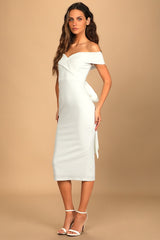 Cordially Invited White Off-the-Shoulder Bow Back Midi Dress