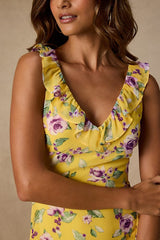 Rio Yellow Multi Floral Ruffled Midi Dress
