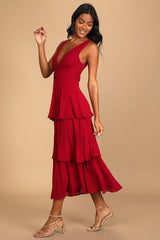 Celebration Time Red Sleeveless Tiered Midi Dress
