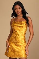 Close to Your Heart Golden Yellow Satin Jacquard Cowl Slip Dress