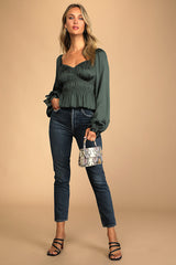 Sophisticate Dark Green Satin Ruched Long Sleeve Top