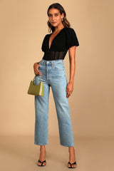 Properly Trendy Black Mesh Puff Sleeve Bodysuit