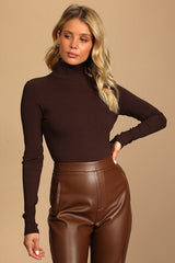 Wilde Dark Brown Ribbed Long Sleeve Mock Neck Bodysuit