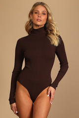 Wilde Dark Brown Ribbed Long Sleeve Mock Neck Bodysuit