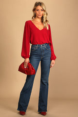 Stylish and Sincere Berry Red Long Sleeve V-Neck Top