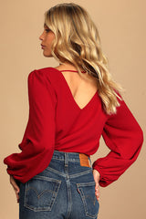 Stylish and Sincere Berry Red Long Sleeve V-Neck Top