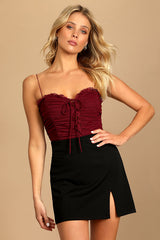 Some Nights Burgundy Lace-Up Ruched Sleeveless Bodysuit