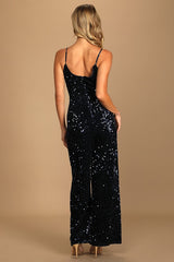 Dazzling Demeanor Navy Blue Velvet Sequin Straight Leg Jumpsuit