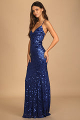Photo Finish Royal Blue Sequin Lace-Up Maxi Dress
