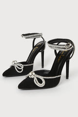 Lullie Black Suede Rhinestone Ankle Strap Pointed-Toe Pumps