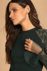 Bragging Rights Forest Green Lace Long Sleeve Skater Dress