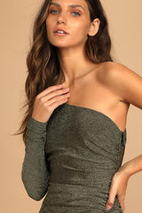 Precious Prize Gold Metallic One-Shoulder Long Sleeve Maxi Dress