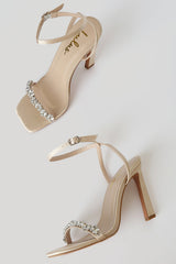 Goldiena Champagne Satin Rhinestone Ankle Strap Heels