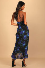 Elegant Entrance Black Floral Print Halter Maxi Dress