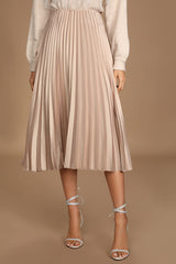 Pleat and Greet Champagne Pleated Satin Midi Skirt