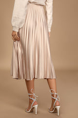 Pleat and Greet Champagne Pleated Satin Midi Skirt