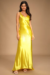 Perfectly Classy Yellow Satin Strappy Maxi Dress