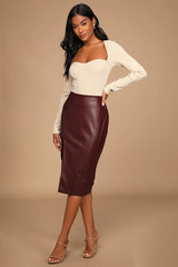 Mireya Wine Red Vegan Leather Pencil Skirt