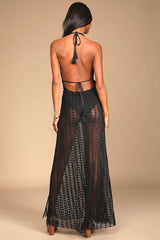Destination Summer Black Crochet Halter Maxi Bodysuit Dress