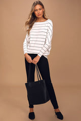 Verla White and Black Striped Dolman Sleeve Sweater Top